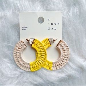 Yellow Statement Earrings Woven Jute Art Abstract Spring Summer Bright Hoops